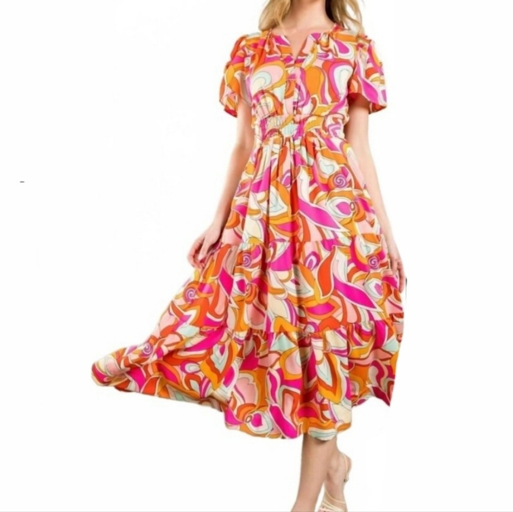 THML Bright Geometric Pront Flowy Ruffled Smocked Waist Dress
